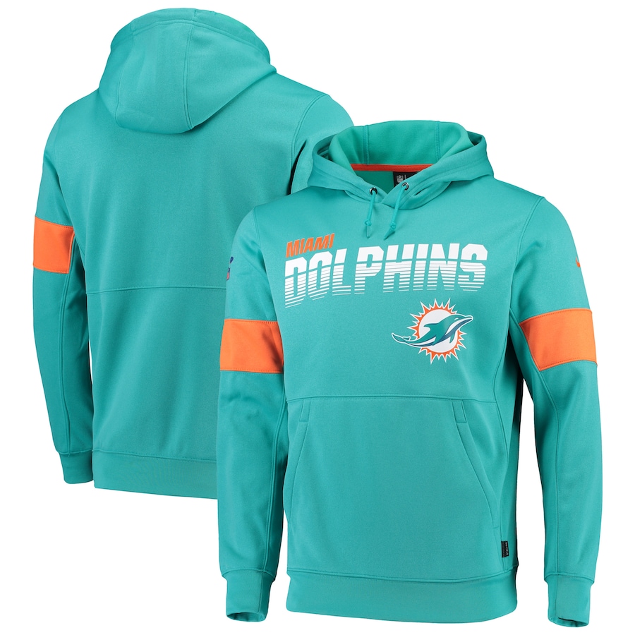 Men’s Miami Dolphins 2019 Aqua 100th NFL Season Sideline Team Logo Performance Pullover Hoodie